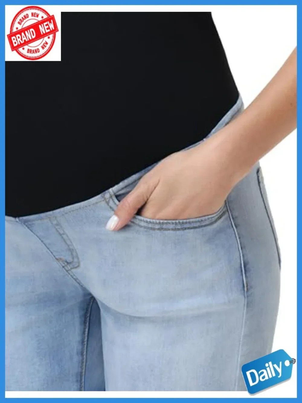 Maternity Jean Shorts Over The Belly Mid Thigh Denim with Pockets Stretchy